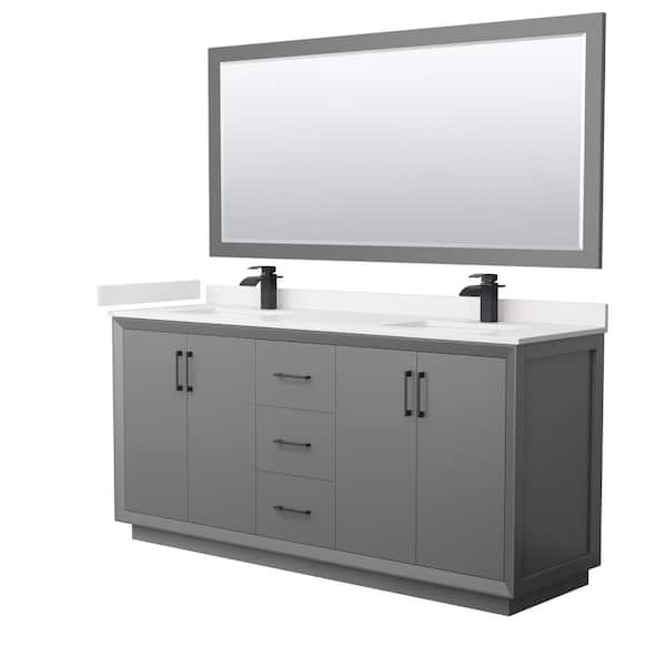 Wyndham Collection Strada 72 in. W x 22 in. D x 35 in. H Double Bath Vanity in Dark Gray with White Quartz Top and 70 in. Mirror