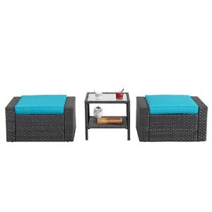 Black 3-Piece Wicker Patio Conversation Set with Blue Cushions