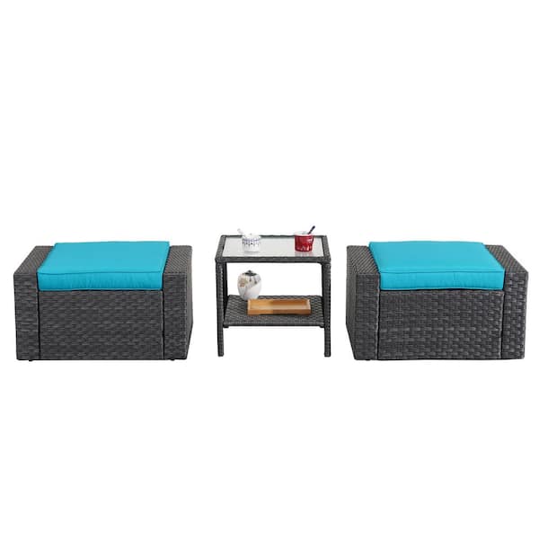 Sudzendf Black 3-Piece Wicker Patio Conversation Set with Blue Cushions
