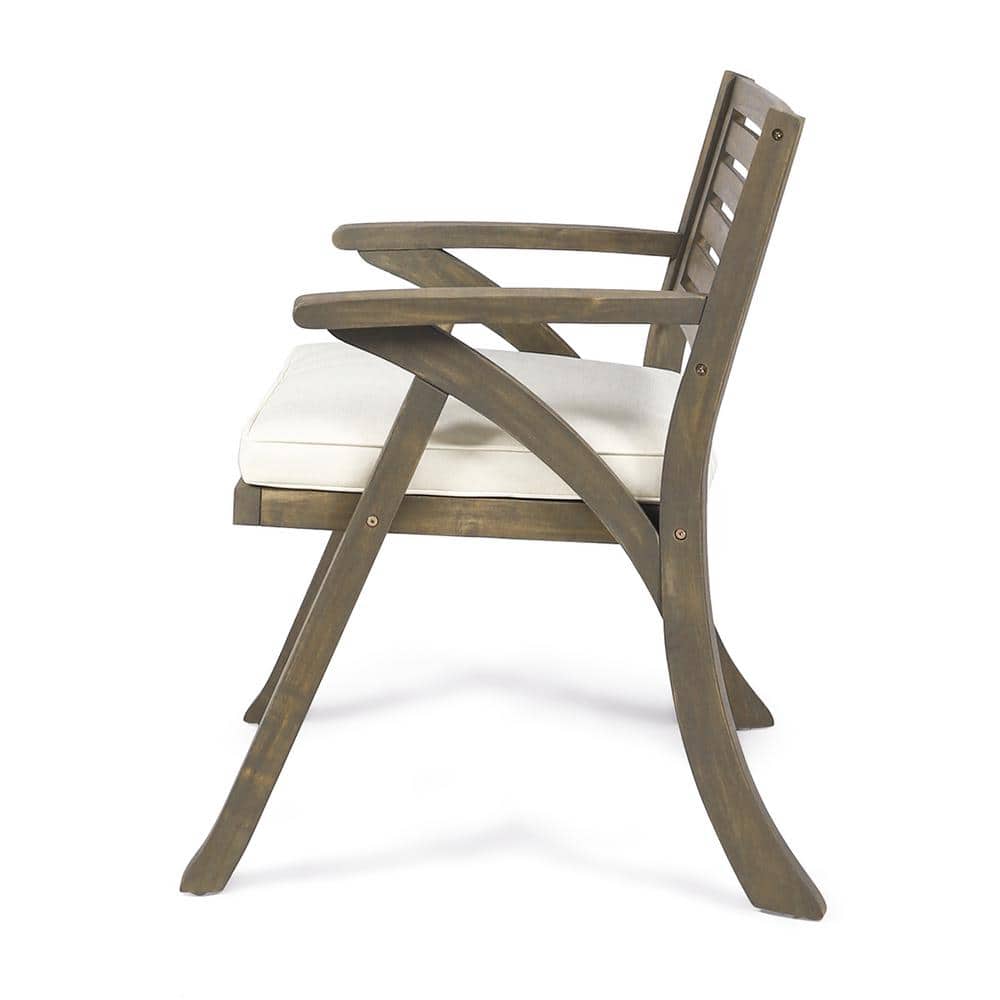 Gray Acacia Wood Outdoor Dining Armchair with Cream Cushions