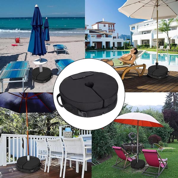 corliving gray black patio umbrella stand CorLiving 9.5ft Offset Sand Gray Fabric Patio Umbrella and Base Weight