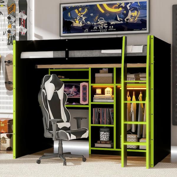Green Full Size Wood Loft Bed with Desk, Open Wardrobe, Storage Compartments and RGB Lights