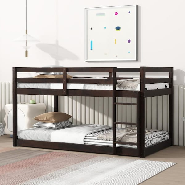 Espresso Brown Twin over Twin Size Bunk Bed with Ladder and Strengthened Slats
