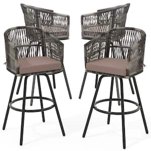 Swivel Patio Wicker Outdoor Bar Stools Bar Chairs Counter Height with Armrests and Cushions (4-Pack)