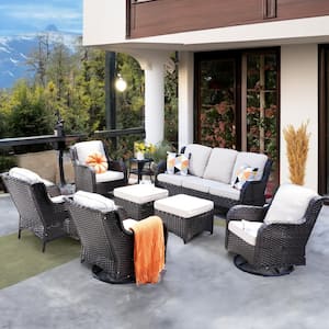 Moonlight Brown 8-Piece Wicker Patio Conversation Seating Sofa Set with Beige Cushions and Swivel Rocking Chairs