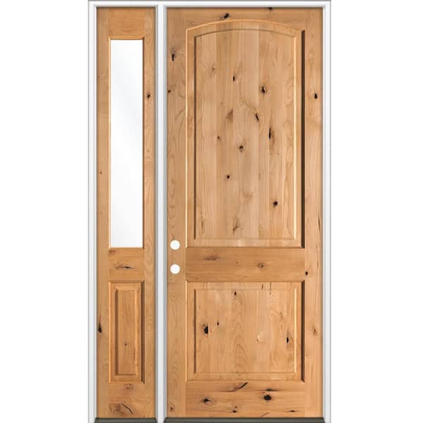 Krosswood Doors 50 in. x 96in. Knotty Alder 2-Panel Arch-Top Right-Hand/Inswing Clear Glass Cedar Stain Wood Prehung Front Door LHSL
