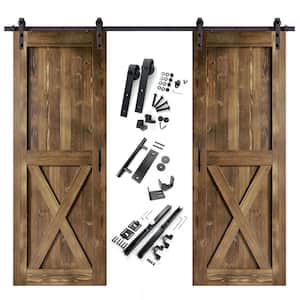 32 in. x 84 in. X-Frame Walnut Double Pine Wood Interior Sliding Barn Door with Hardware Kit Non-Bypass