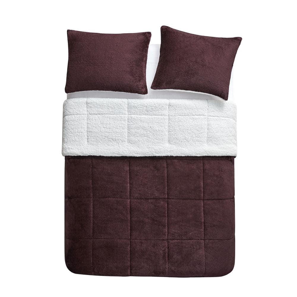Wine Faux Fur and Sherpa Reversible Full Comforter Set