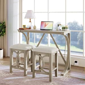 3-Piece 47.2 in. Farmhouse Counter Height Kitchen Dining Table Set with Rubber Wood Leg, Stools and USB Port, Cream