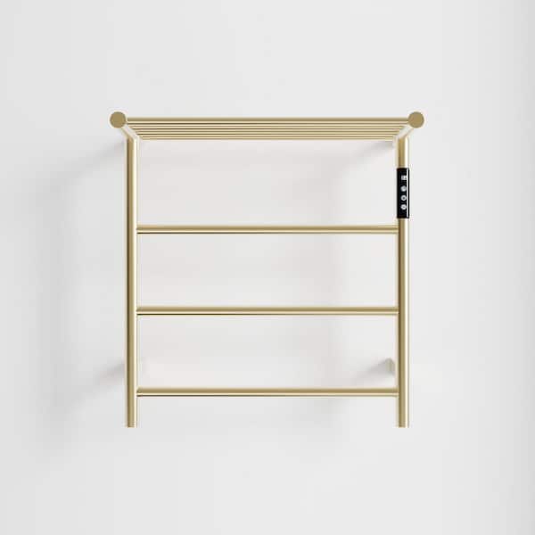 3 Bar Wall Mounted Plug-in/Hardwired Towel Warmer Heated Rack in Brushed Gold with Touch Screen Timer and Top Shelf