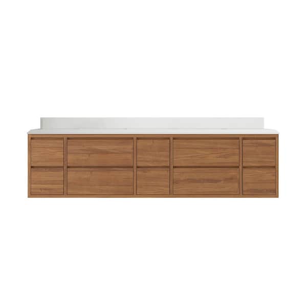 Willow Collections Madison Float 84 in. W x 22 in. D x 36 in. H Double Sink Bath Vanity in Dark Natural with 1.5" White Qt. Top