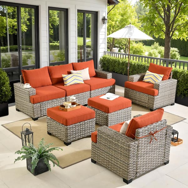 XIZZI Aphrodite 7-Piece Wicker Outdoor Patio Conversation Seating Sofa Set with Orange Red Cushions