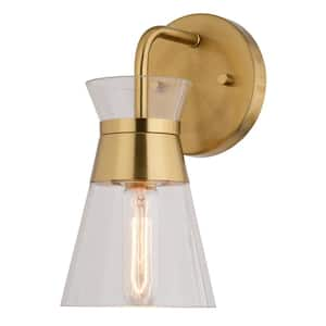 Harper 5 in. 1 Light Natural Brass Gold Vanity Light Mid-Century Modern Bathroom Fixture Clear Glass