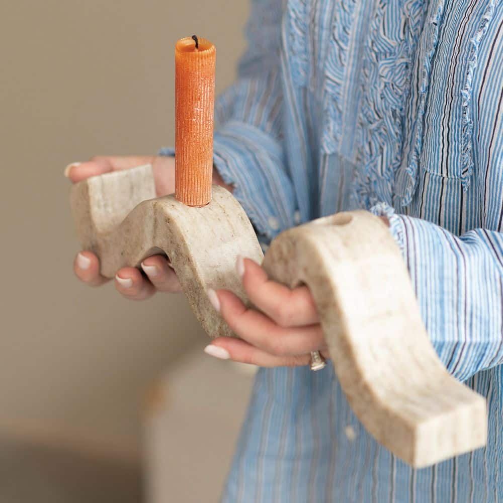 Natural Beige Marble Wave Double Taper Candle Holder