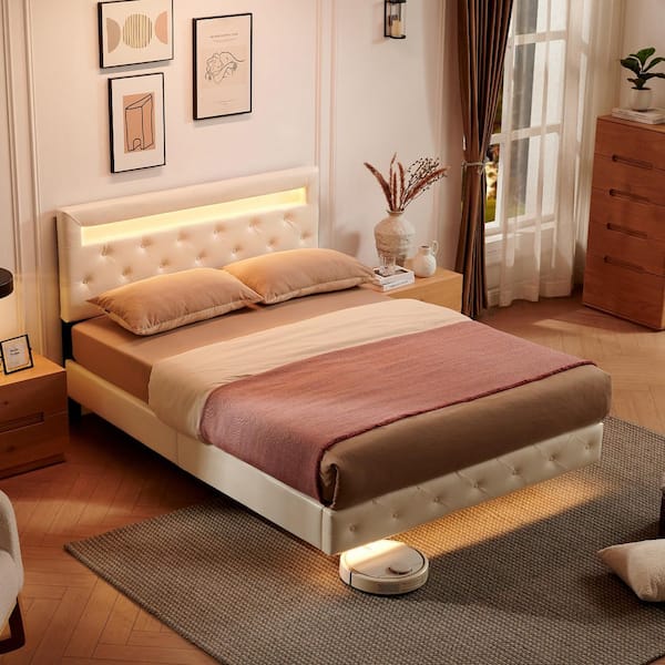 Morden Fort LED Floating Cream White Wood Frame King Size Platform Bed with Upholstered Headboard No Spring Box Require