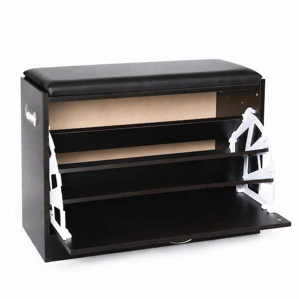 Black Wooden Fold Out Shoe Organizer Shoe Storage Bench with Leather Cushion