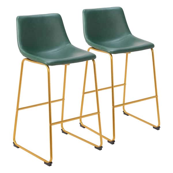 ZUO Augusta Green and Gold 28.5 in. H Wood Frame Faux Leather Barstool Set - (Set of 2)