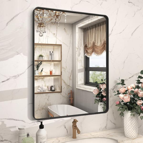 28 in. W. x 36 in. H Rectangular Framed French Cleat Wall Mounted Tempered Glass Bathroom Vanity Mirror in Matte Black