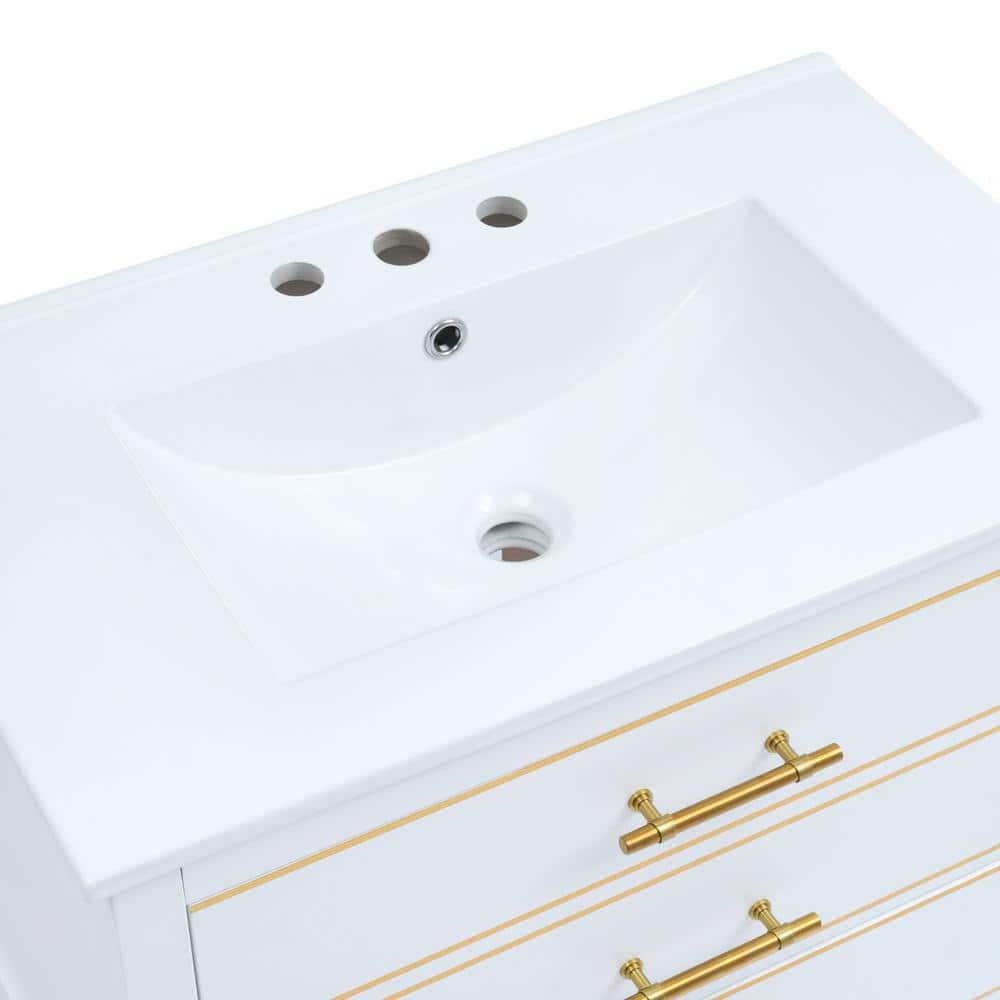 White and Gold Freestanding Single Sink Vanity with Ceramic Top
