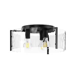 14.17 in. 3-Light Industrial Black Flush Mount Modern Ceiling Lighting Fixture with Water Glass Shade