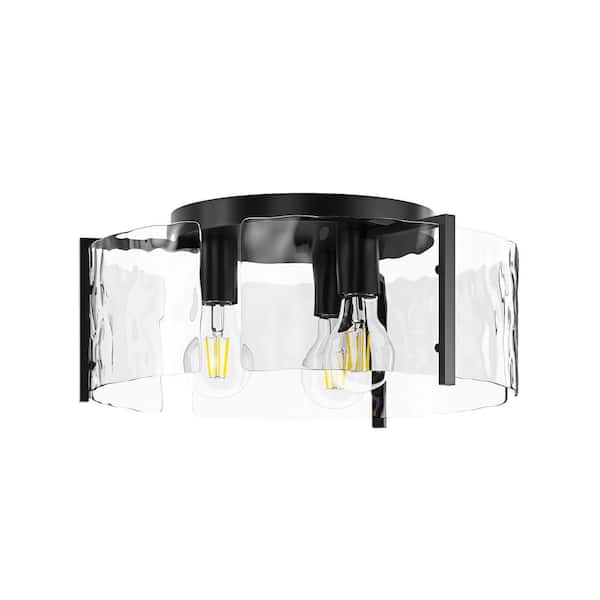aiwen 14.17 in. 3-Light Industrial Black Flush Mount Modern Ceiling Lighting Fixture with Water Glass Shade