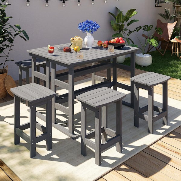6-Piece HDPE Plastic Outdoor Plastic Outdoor Patio Rectangle Bar Height Bistro Dining Set in Gray