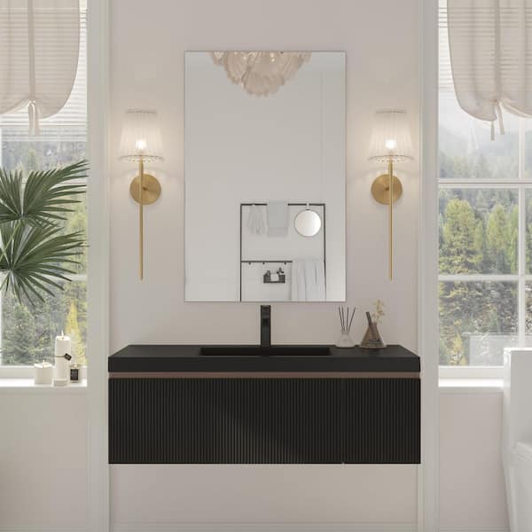 48 in. Wall-Mounted Bath Vanity Floating Bathroom Storage Cabinet in Smoked Walnut with Black Quartz Sand Top