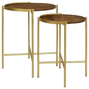 Malka 2-Piece 21 in. Dark Brown and Gold Mango Wood Round Nesting End Table