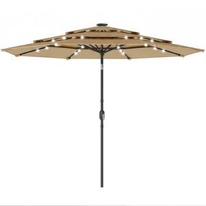 9.7 ft Outdoor Patio Umbrella in Khaki with Solar LED Lights, 3-Tier Outdoor Table Umbrella with Tilt, Crank