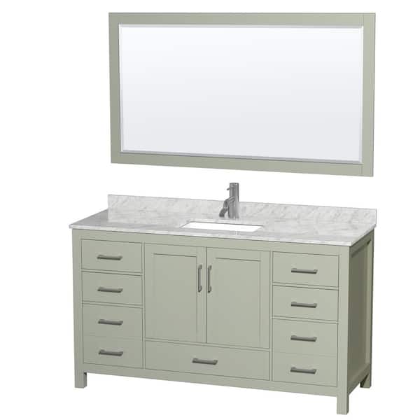 Wyndham Collection Sheffield 60 in. W x 22 in. D x 35 in. H Single Bath Vanity in Light Green w/ White Carrara Marble Top and 58 in. Mirror