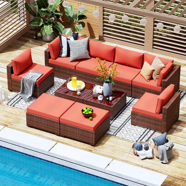 Freestyle 10-Piece Wicker Outdoor Sectional Set with Orange Cushions