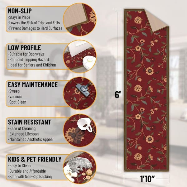 Ottohome Collection Non-Slip Rubberback Floral Leaves 2 x 6 Indoor Runner Rug, 1 ft. 10 in. x 6 ft., Dark Red