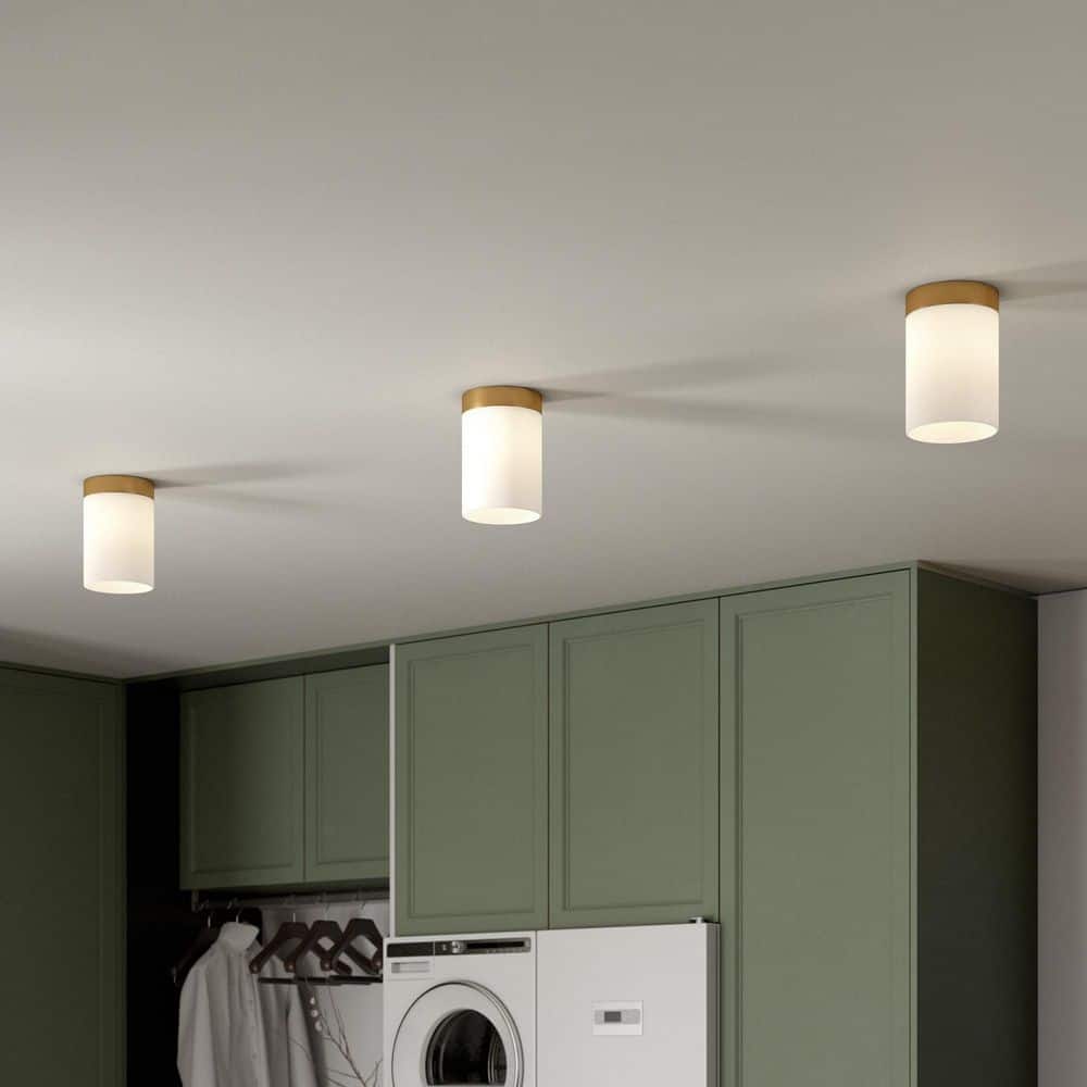 Brushed Brass and White Linen Tube-Shaped Ceiling Light