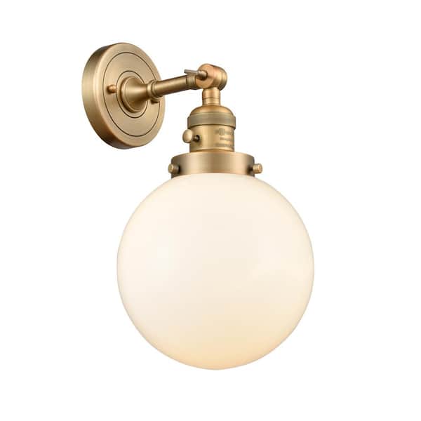 Beacon 1-Light Matte White, Brushed Brass Wall Sconce with White Glass Shade