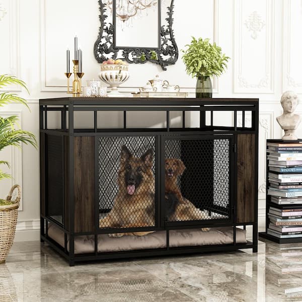 FUFU&GAGA Dog House Furniture, Large Pet Crate End Table Indoor Mesh and Wooden Dog Kennels with 2-Doors for Dogs Walnut and Black