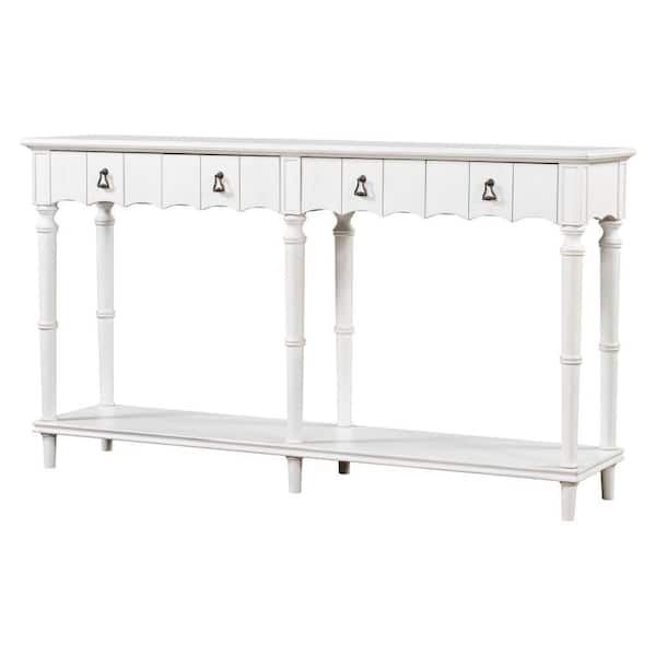 Benjara White Wood Top 63 in. Sideboard with 4 Drawers and Turned Legs