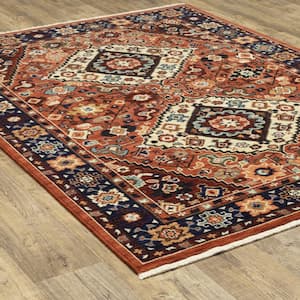 Lillian Red/Blue 10 ft. x 13 ft. Double Oriental Medallion Wool/Nylon Blend Fringed-Edge Indoor Area Rug