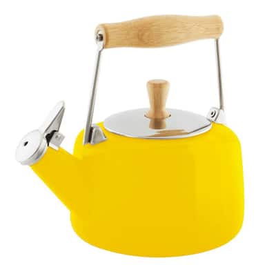 Sven 5.6-Cups Canary Yellow Enamel-on-Steel Tea Kettle with Rubberwood Handle and Knob