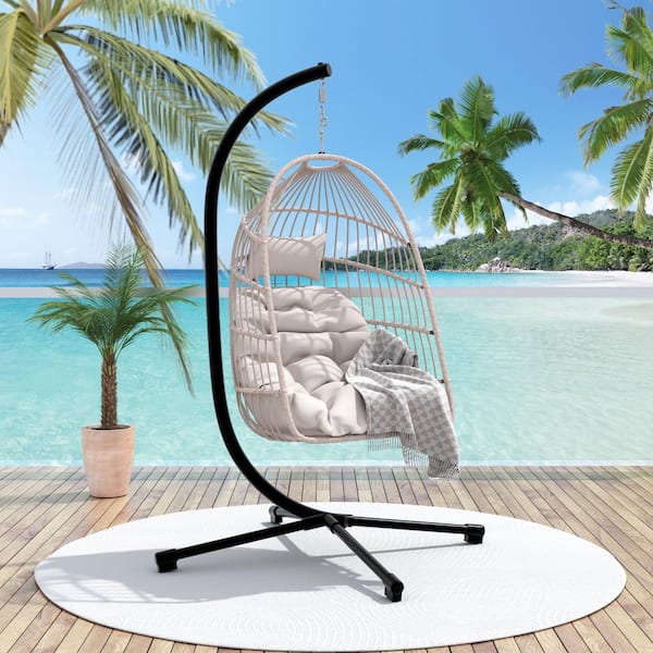 Wicker Outdoor Patio Swing Egg Chair Hammock Egg Chair with Stand and White Cushion