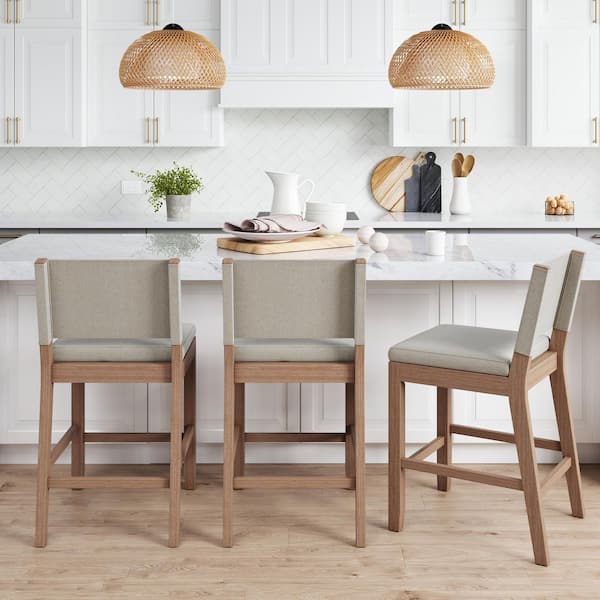 Nathan James Linus 36 Modern Upholstered Counter Height Bar Stool with  Back and Solid Wood Wire-Brushed Legs, Natural Flax/Brown 21501