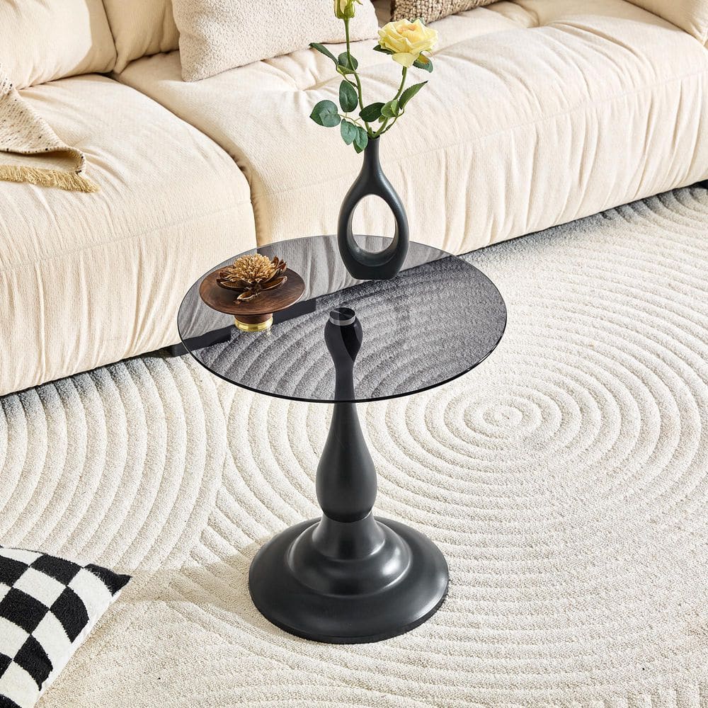 19.6 in. W Gray Round Tempered Glass Top Coffee Table with Black Metal Base