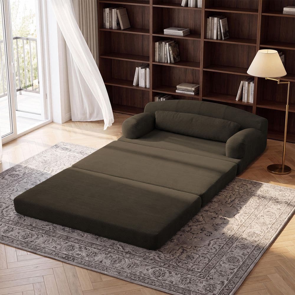 Modern 57.1 in. Brown Corduroy Upholstered Compressed Foldable Full Size Loveseat Sleeper Sofa Bed