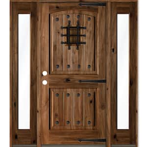 58 in. x 80 in. Medit. Knotty Alder Right-Hand/Inswing Clear Glass Provincial Stain Wood Prehung Front Door w/DFSL