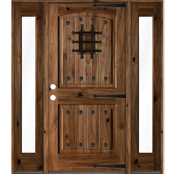 Krosswood Doors 58 in. x 80 in. Medit. Knotty Alder Right-Hand/Inswing Clear Glass Provincial Stain Wood Prehung Front Door w/DFSL