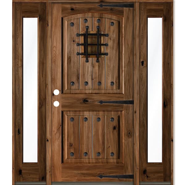 Krosswood Doors 70 in. x 80 in. Medit. Knotty Alder Right-Hand/Inswing Clear Glass Provincial Stain Wood Prehung Front Door w/DFSL