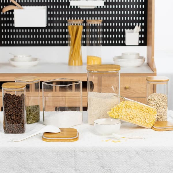 2 Piece Airtight Glass Square Storage Canister with Bamboo Lid, 156 oz. Large Gallon Cookie Jars with Black Lable