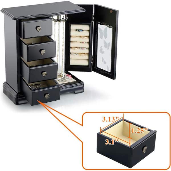 Wooden Jewelry Box with 4-Drawers Built-in Necklace Carousel and