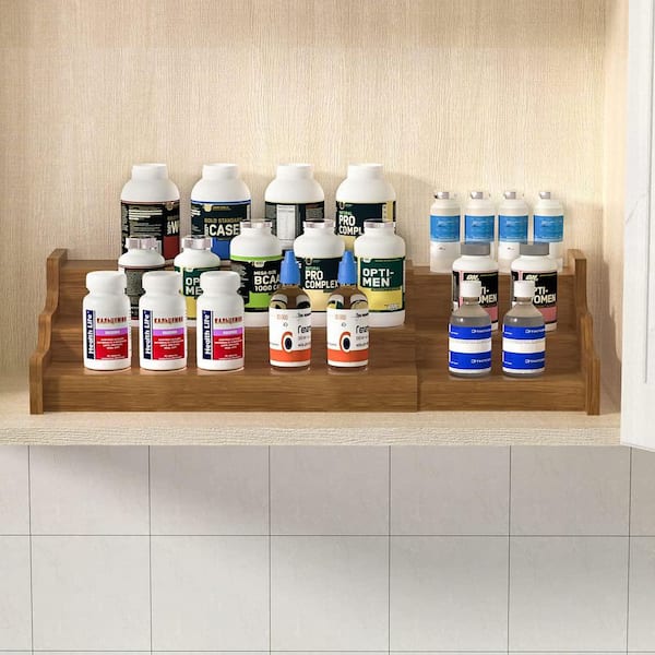 3 Tier Bamboo Expandable Brown Spice Rack, Tiered Shelf Kitchen Cabinet Organizer for Spices Vitamins Cosmetics