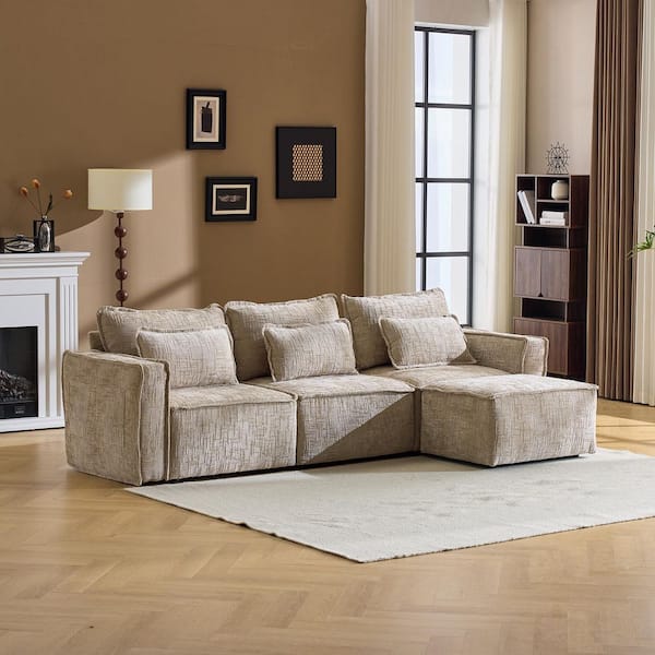 Compress Block's Collection 110 in Wide Square Arm Chenille L-shaped Mordern Sofa in. Brown with Ottoman