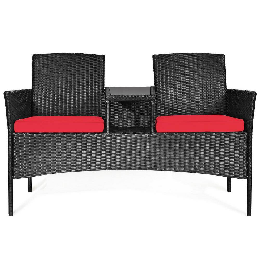 Compact Black Wicker Patio Loveseat with Red Cushions and Glass Table